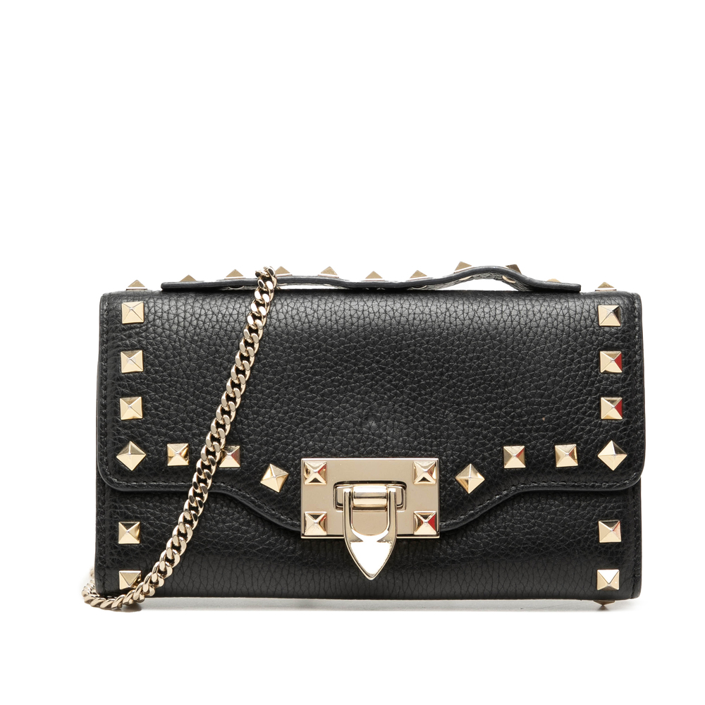 Pre-Loved Valentino Pebbled Calfskin Rockstud Flip Lock Wallet On Chain
